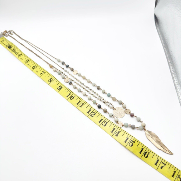 Multi Strand Layered Necklace Gold Tone Natural Stone Coin Feather Boho 26-28" - Picture 6 of 6